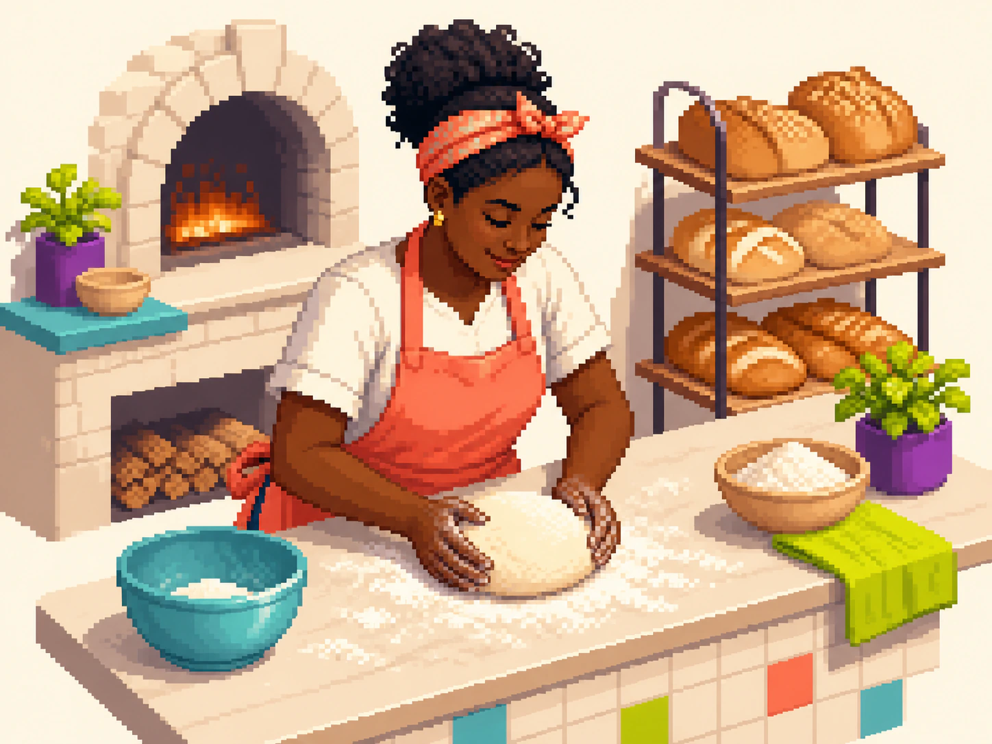 Pixel-art baker shaping dough at an artisan bakery counter.