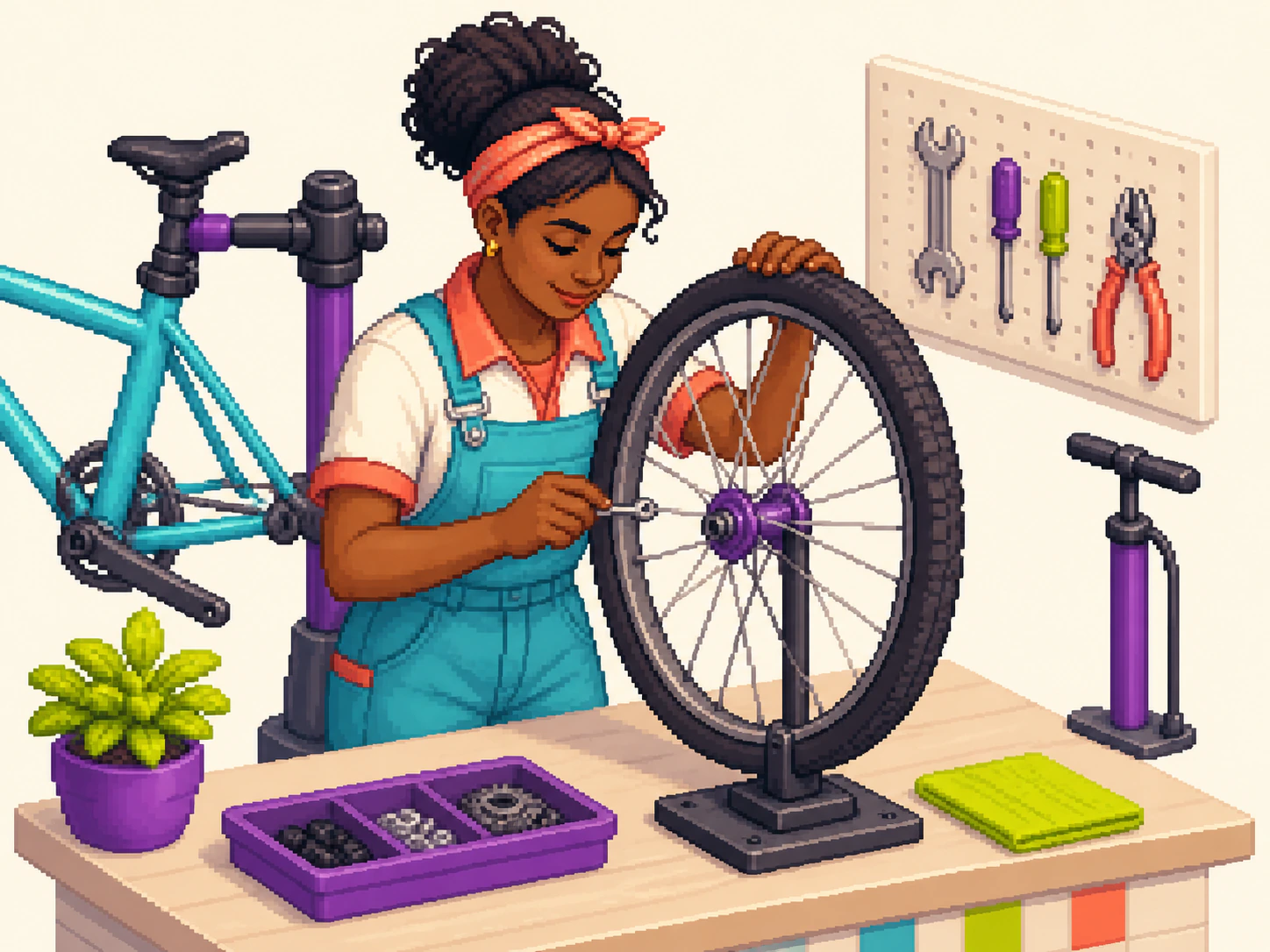 Pixel-art bicycle mechanic repairing a wheel in a compact workshop.