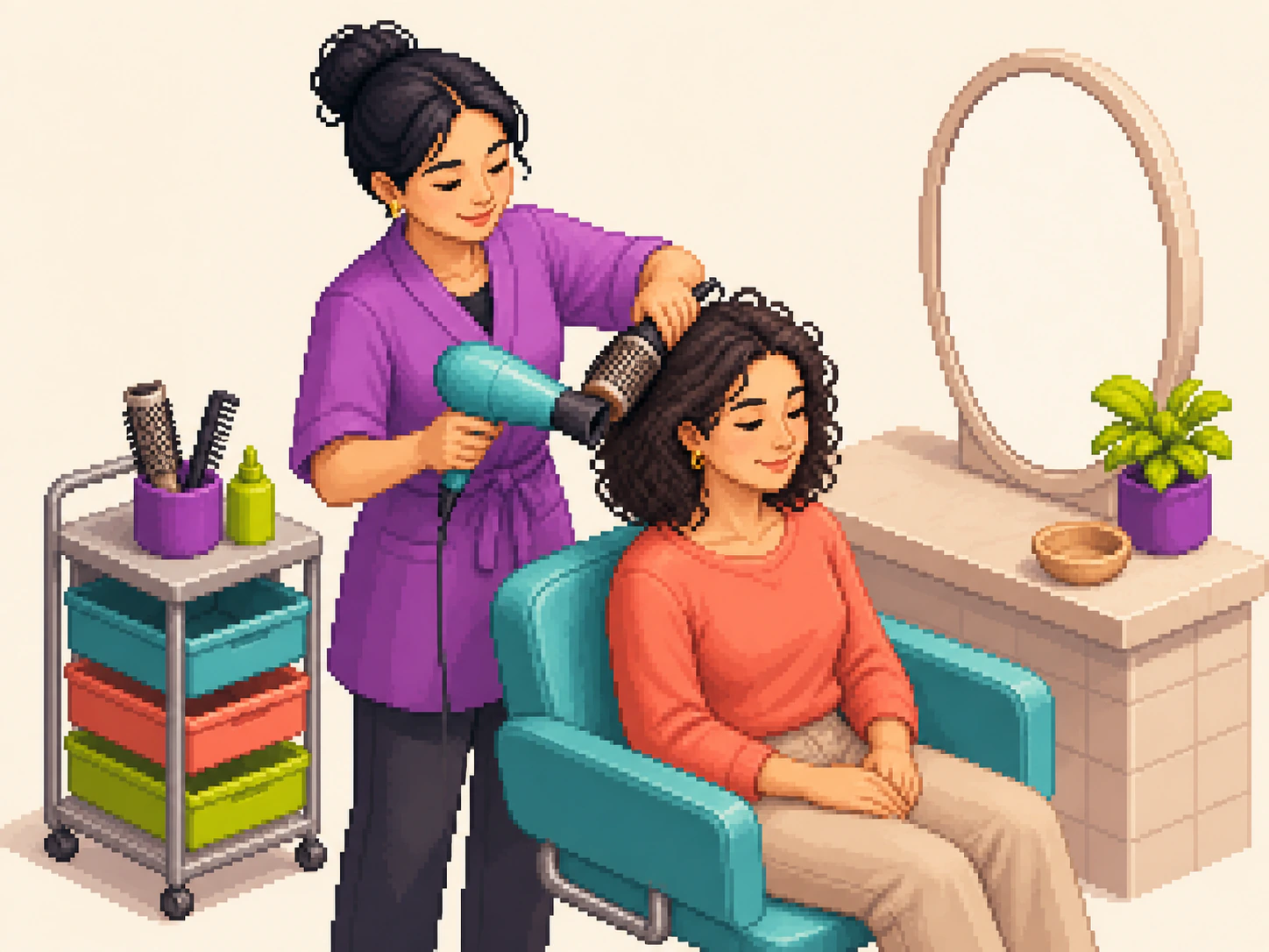 Pixel-art hairdresser styling a client in a modern salon.