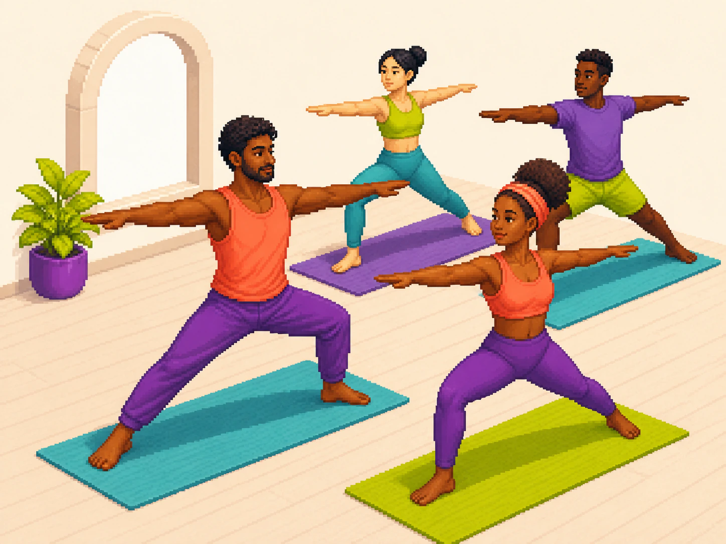Pixel-art yoga instructor guiding an inclusive studio class.